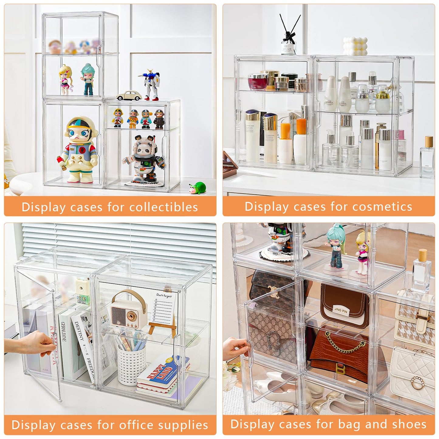 Amllas Acrylic Display Case for Collectibles, Clear Acrylic Display Box with 3 Adjustable Layers and Magnetic Door, Stackable Clear Storage Box/Bins for Figures,Lego, Book