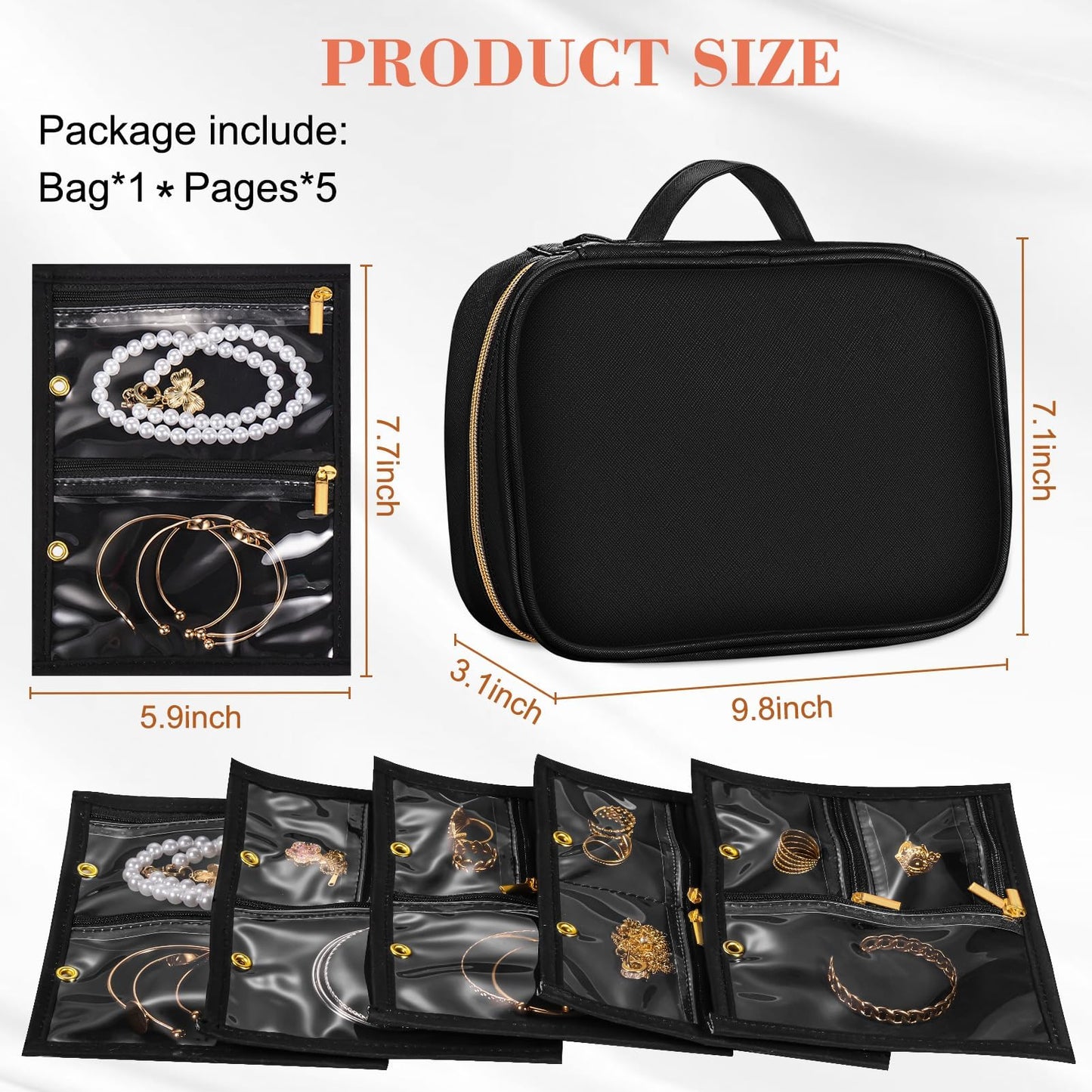 KPWEPK Travel Jewelry Organizer Case for Women, Jewelry Travel Case with 5 Zipper Pouches, Jewelry Organizer for Necklaces Earrings Rings Bracelets, Travel Jewelry Storage Bag (Black)