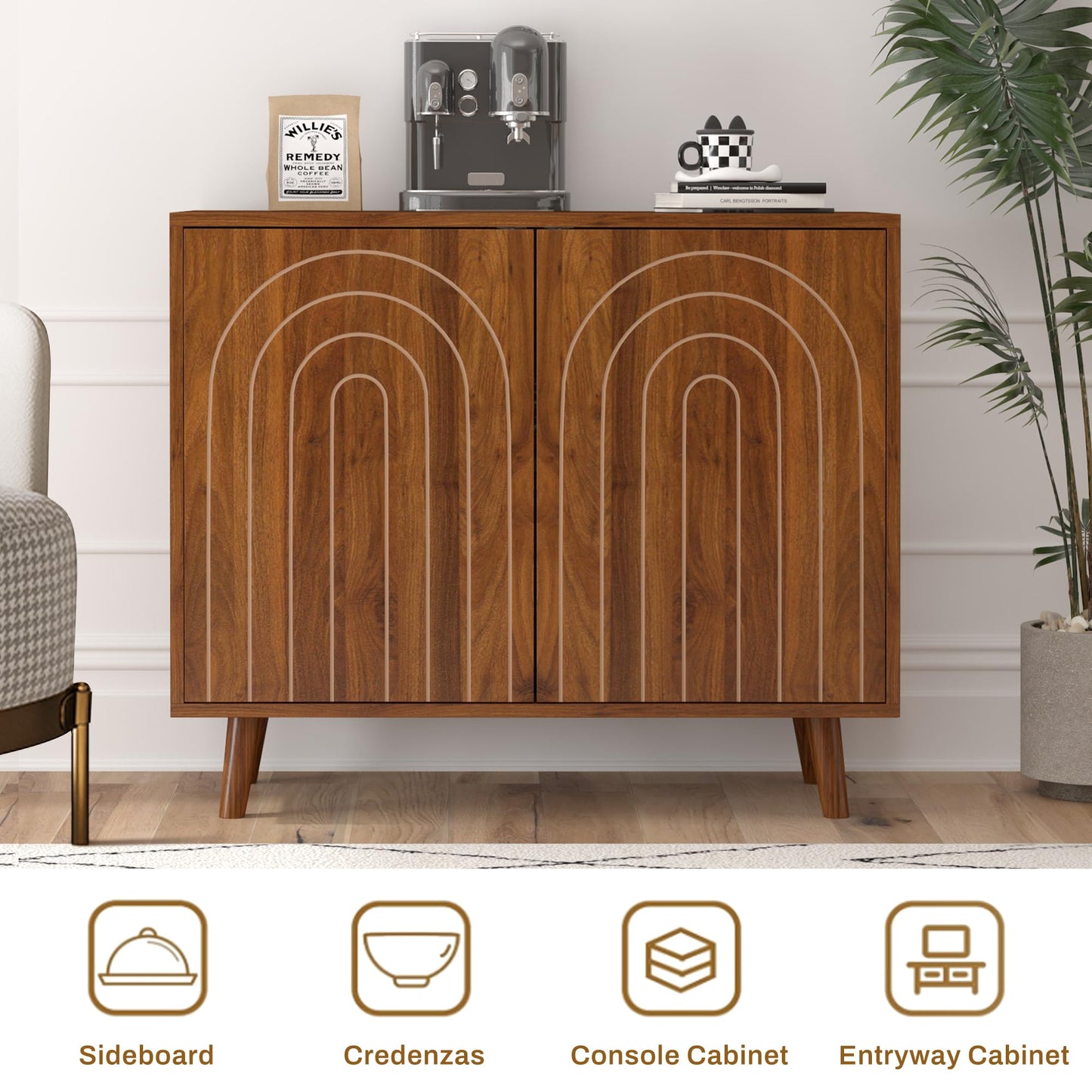 weselon Accent Cabinet with Carving Lines, Modern Buffet Sideboard with Adjustable Shelves, Decorative Storage Cabinets for Bedroom Living Room Kitchen Office and Hallway (Walnut, 1)