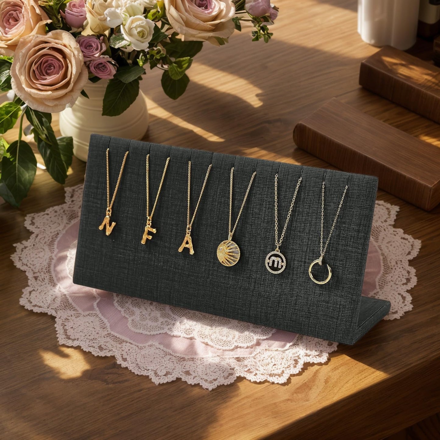 Papten PU Leather with Linen Texture Necklace Display Stand Necklace Bracelet Display Holder Stand with Hooks For Jewelry Storage Display (Black)