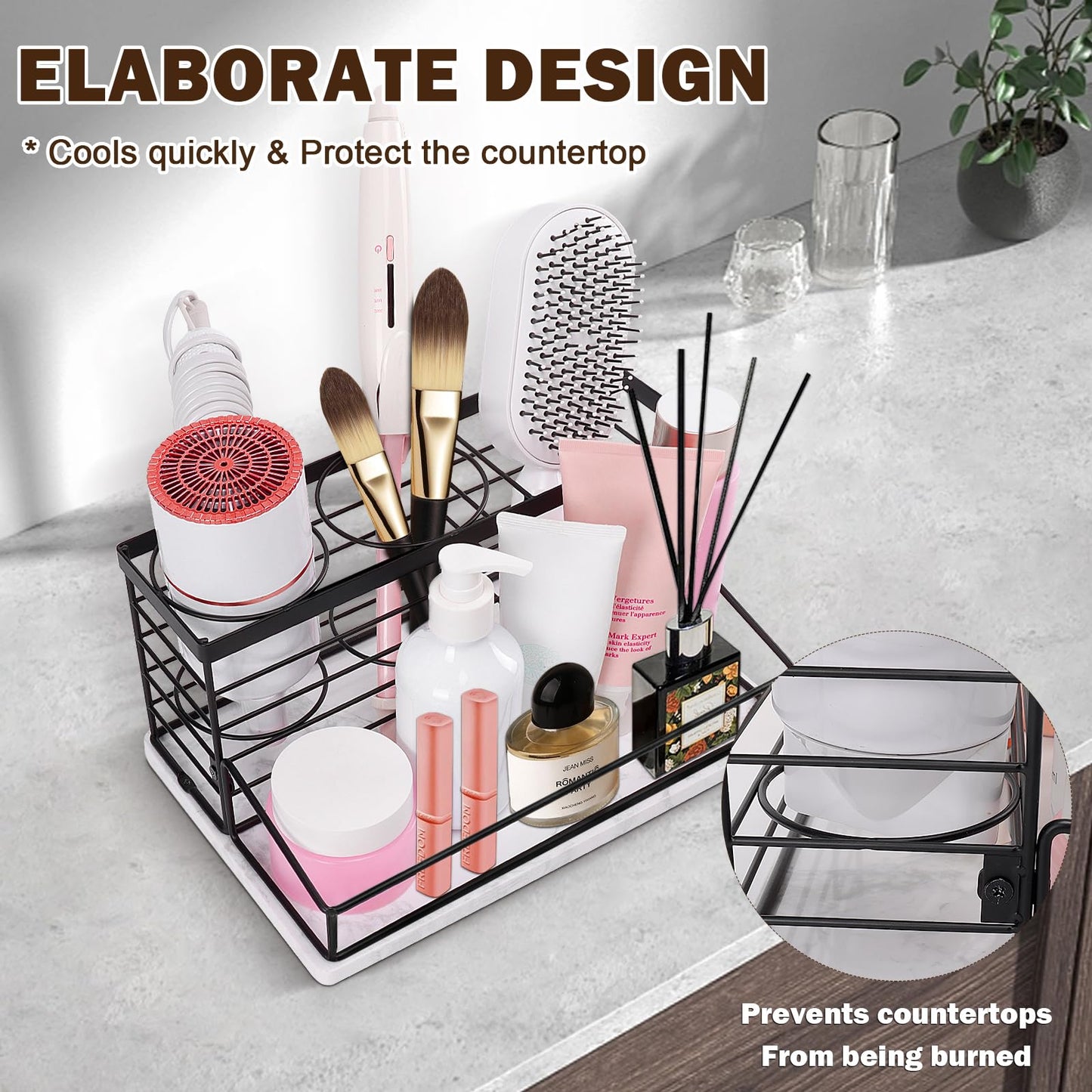 Siyzda Hair Tool Organizer, Movable Hair Dryer Holder, Hair Styling Tools Storage for Vanity, Bath Counter Organizer, Bathroom Trays for Hair Toiletry, Makeup (12" x 7.7" x 5.8", Marble-Black)