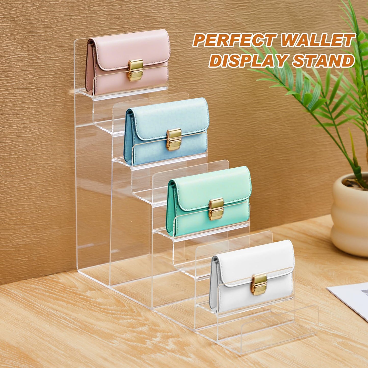 Kathfly 2 Pack 8-Tier Acrylic Wallet Display Stand Clear Purse & Handbag Organizer Riser Shelf for Perfume, Sunglasses, Cosmetics, Jewelry Vendor Display for Craft Fairs, Retail