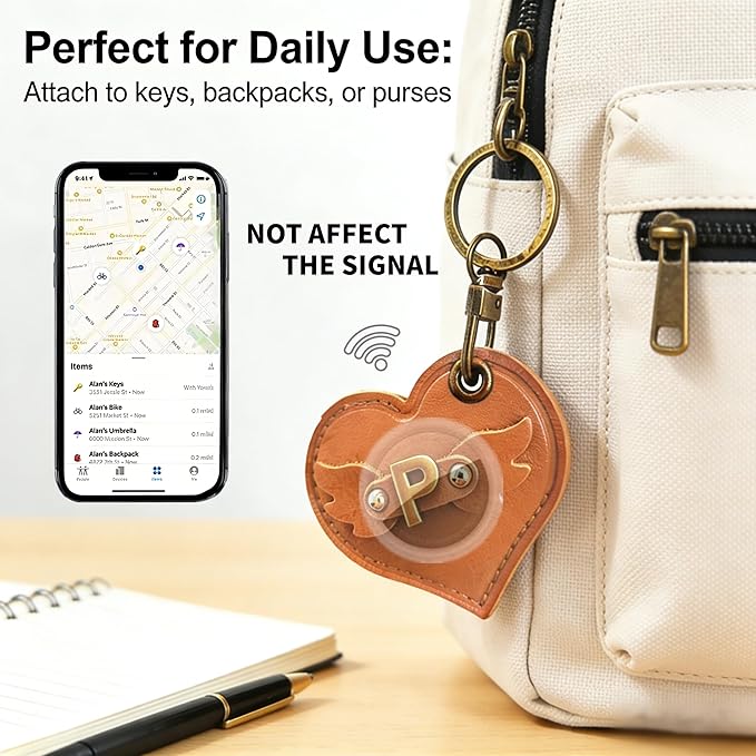 Initial Letter Leather Alphabet Keychain Holder Case Compatible with AirTag,Cute Protective Air Tag Cover with Bronze Keyring,Anti-Scratch Finder GPS Tracker Case for Pets Keys Wallet Luggage(P)