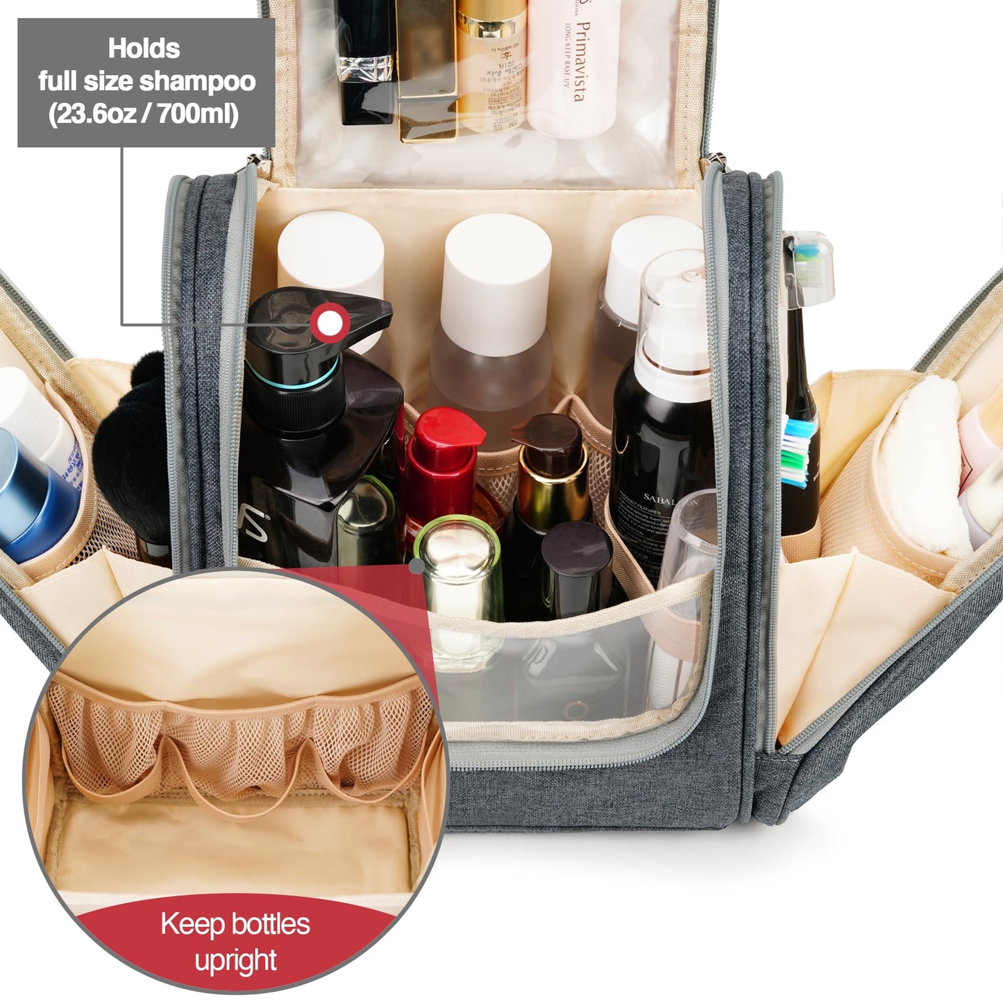 Hanging Travel Toiletry Bag for Women and Men, 6 Organizer Compartments, Extra Large Toiletries Bag, Bathroom Cosmetic Bag, Water-resistant Makeup Bag, Holds Full-Size Shampoo, Grey
