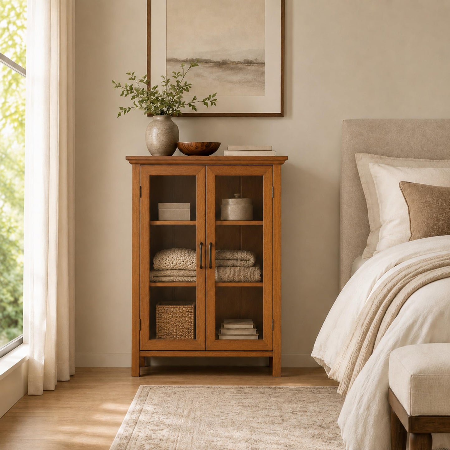Teamson Home Avery Wooden Freestanding Floor Cabinet with 2 Adjustable Shelves 3 Storage Spaces 2 Glass Paneled Doors and 2 Antique Brass Knobs, Oiled Oak