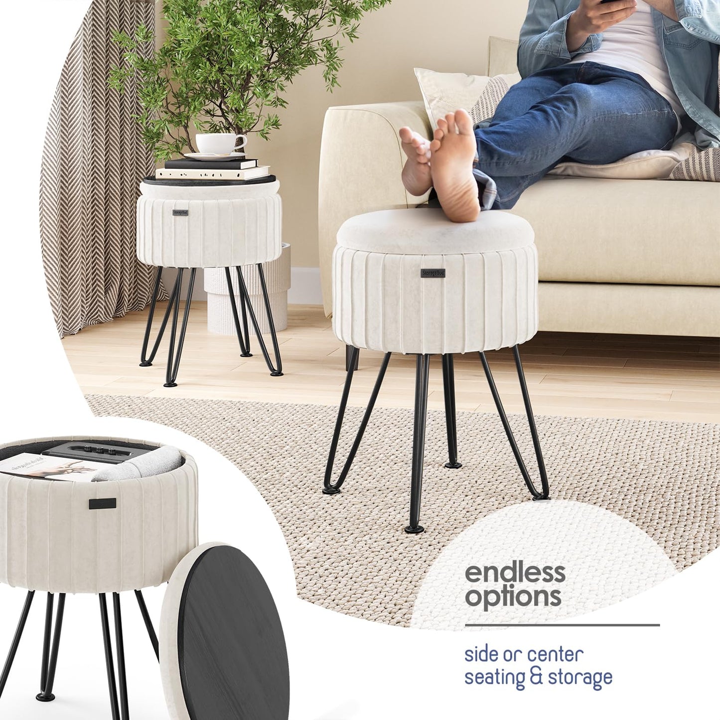 STORAGEBUD Round Ottoman with Storage, Pleated Velvet Storage Ottoman, Foot Stool Ottomans, Makeup Vanity Stool, Small Ottomans Foot Rest, Modern Vanity Stools for Living Room and Bedroom, Cream