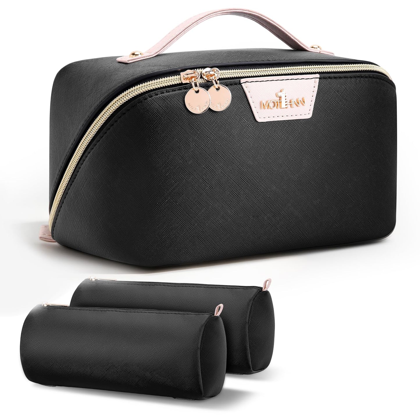 MOT HINN Travel Makeup Bag for Women: 3-in-1 Large Capacity Cosmetics Organizer with 2 Detachable Pouch - Vegan Leather Flat Open Toiletry Bag - Portable Travel Essentials for Full-Sized Bottles-Black