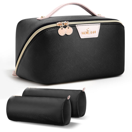 MOT HINN Travel Makeup Bag for Women: 3-in-1 Large Capacity Cosmetics Organizer with 2 Detachable Pouch - Vegan Leather Flat Open Toiletry Bag - Portable Travel Essentials for Full-Sized Bottles-Black