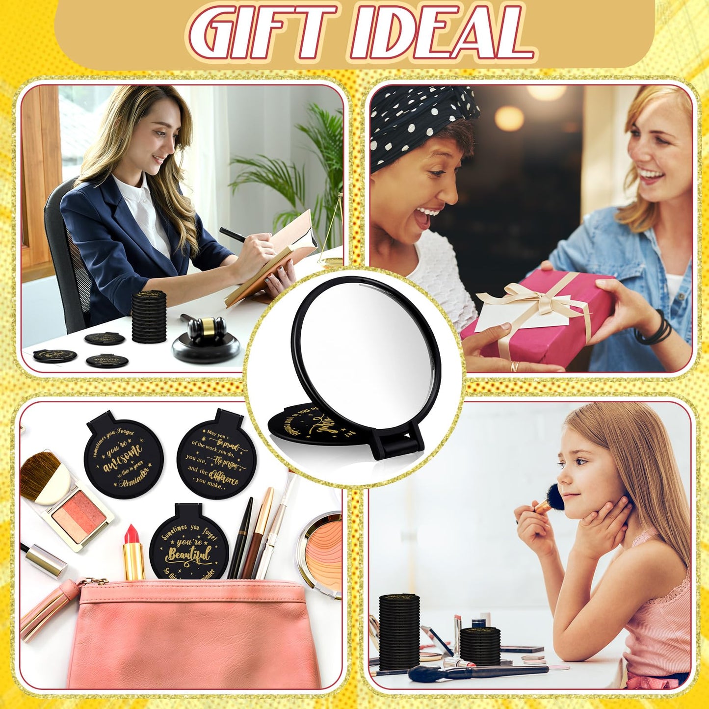 Wenqik 64 Pcs Inspirational Mini Compact Mirrors Bulk, Women Small Gifts Bulk, Group Team Party Favors, Mini Pocket Purse Mirror for Travel, Client, Guest, Wedding, Birthday, Cheerleader (Black)