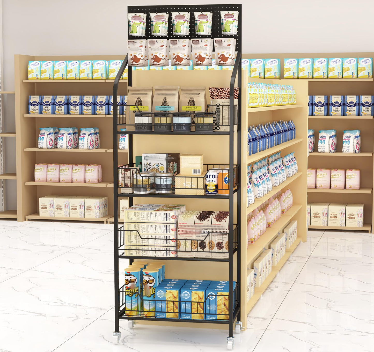Nisorpa 4 Tier Supermarket Retail Display Racks, Free-Standing Metal Snack Candy Display Racks Shelf with Wheels Chips Rack Display Stand for Home Convenience Stores Kitchen, 19.6x56.2x10.6 Inches