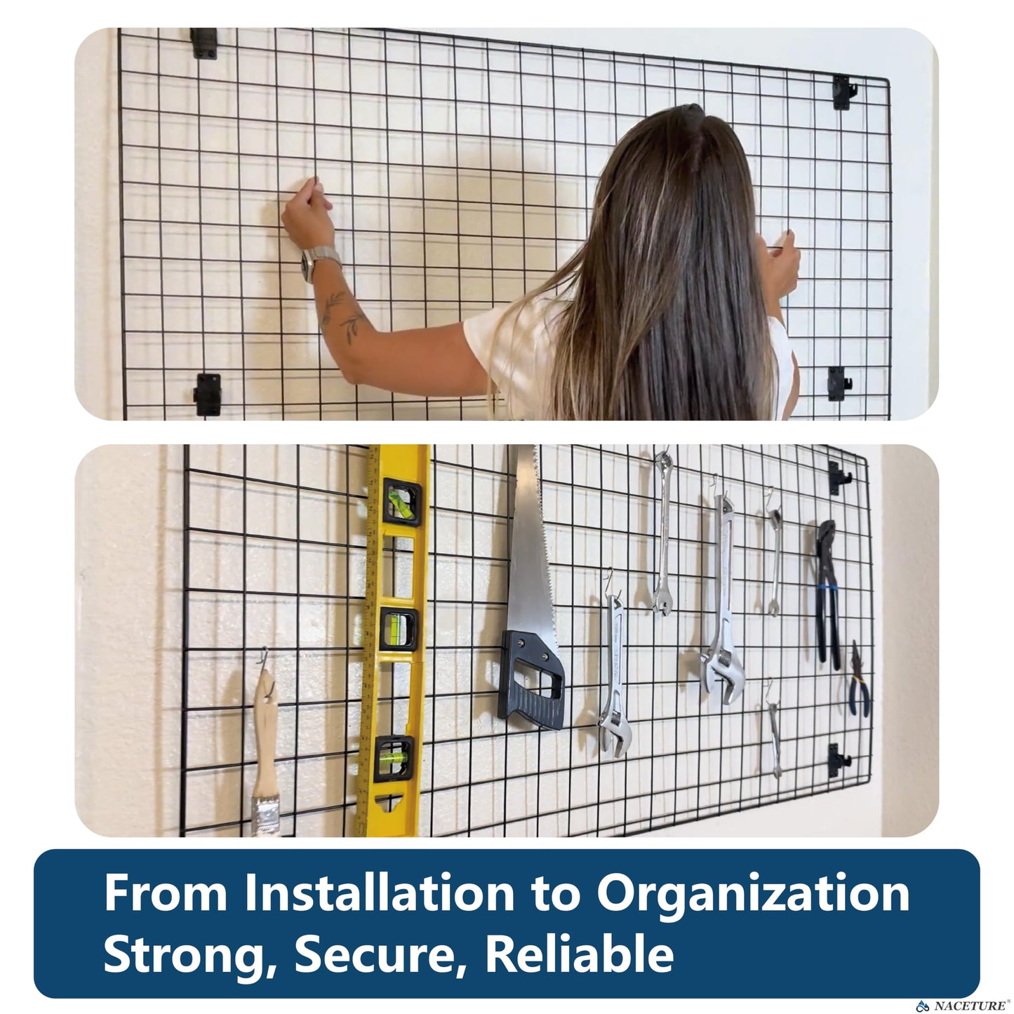 NACETURE Grid Wall Panels- 4 Pcs 2x4 ft Black Grid Wall Panel Display with 16 Gridwall Hooks & 10 S-Hooks, Space Saving Wire Mesh Panels for Retail, Garage, Home & Office Storage