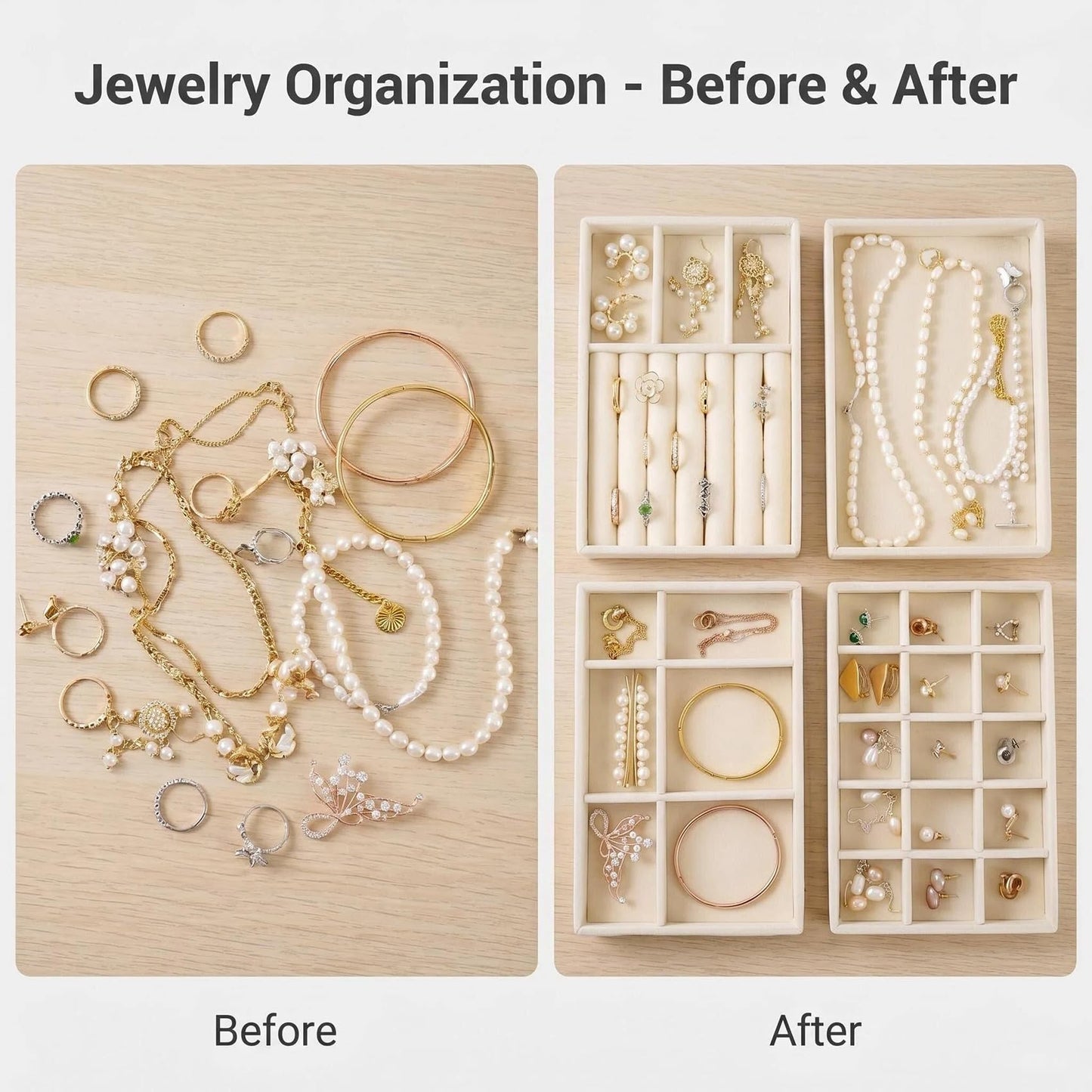AIRZSNRY Velvet Jewelry Organizer for Drawer, Stackable Jewelry Drawer Inserts in Dresser, 8in Beige Storage Display Case for Rings Stud Necklaces Accessories, Set of 4