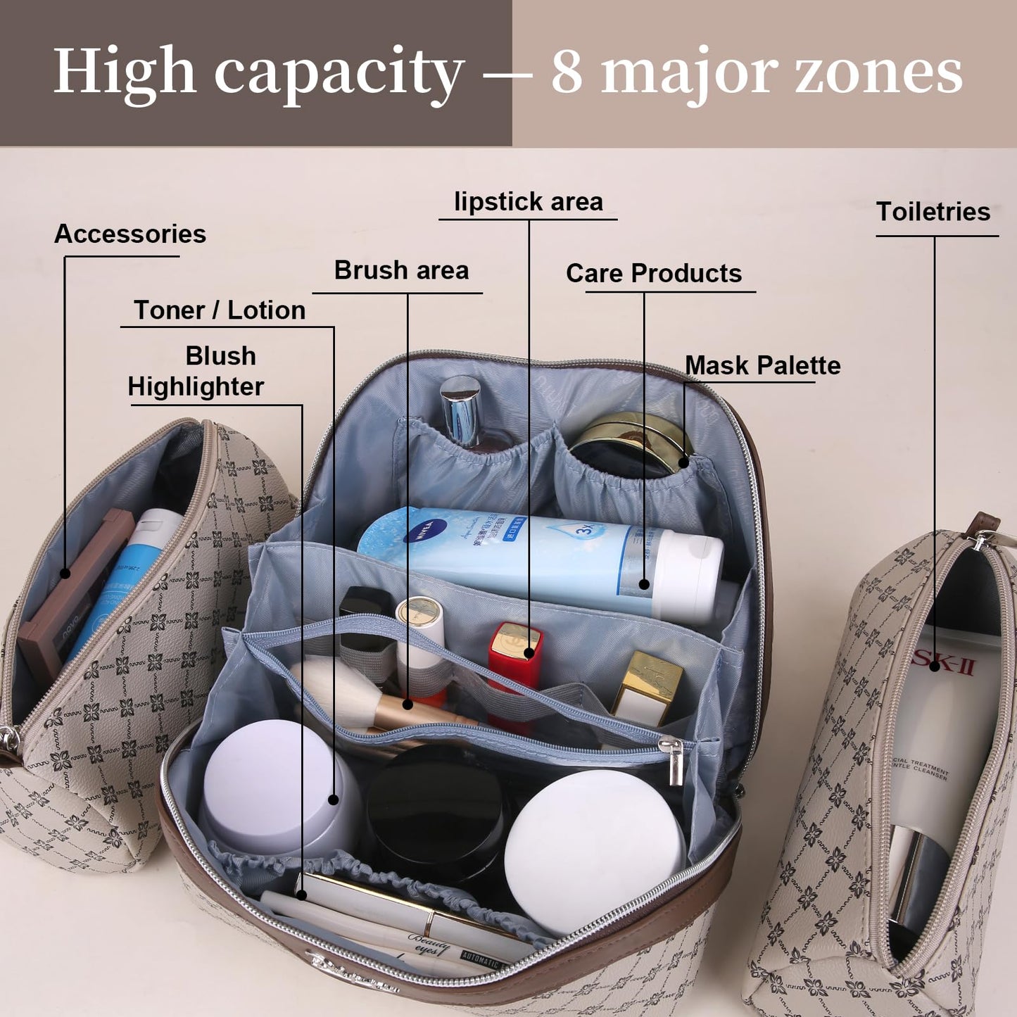 BOYATU Travel Makeup Bag Cosmetic Bags for Women: 3 Pcs Set Large Capacity Make up Bag with Handle - Vegan Leather Toiletry Bags with Compartments - Makeup Organizer for Travel Essentials(A-2-Khaki)