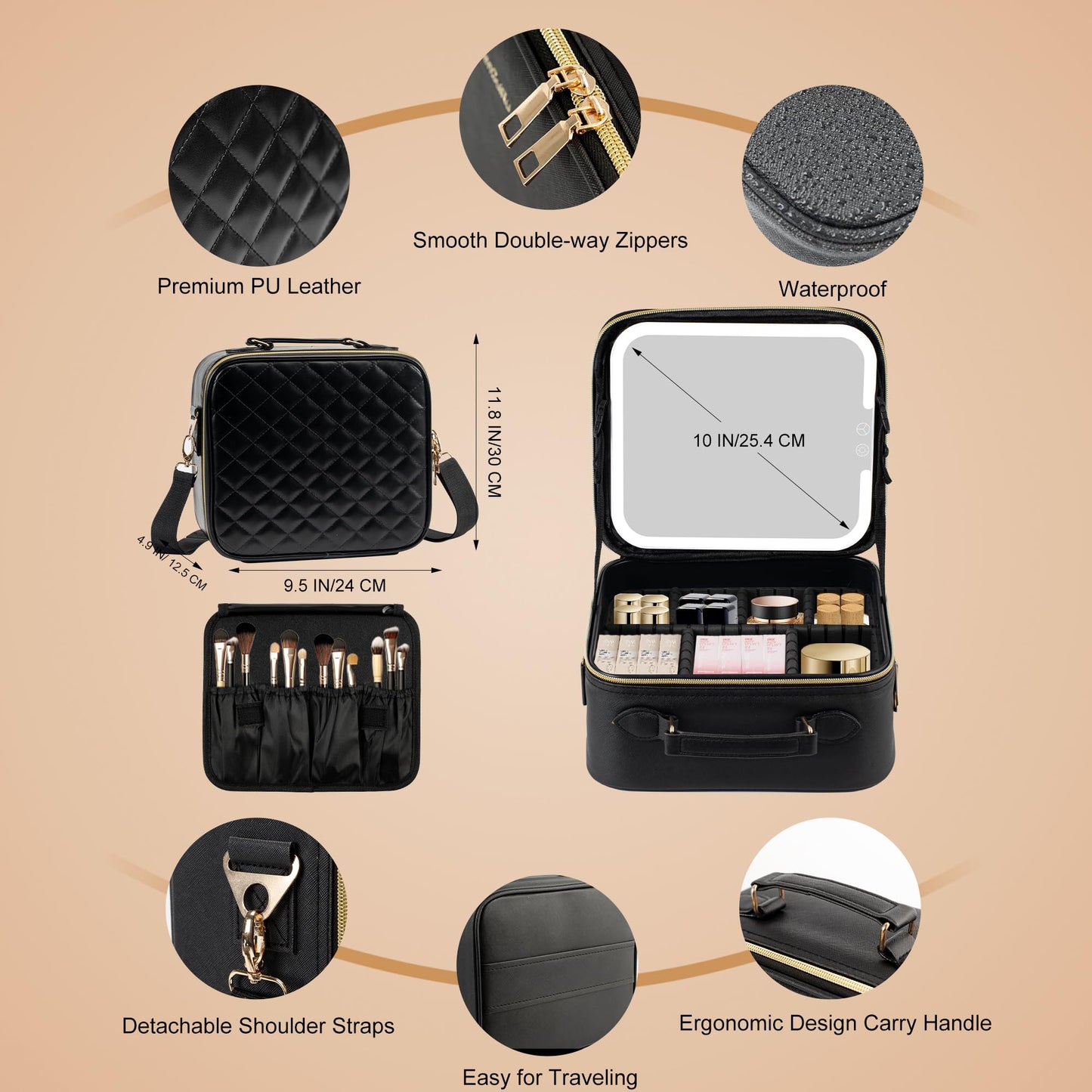 SJD Travel Makeup Bag with LED Mirror, Portable Cosmetic Case Organizer with Lighted Mirror, Waterproof Makeup Case for Cosmetic Brush Holder Storage, Black Toiletry Bag for Women Gift