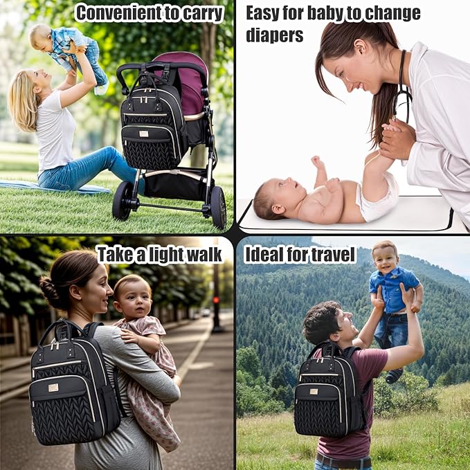 Diaper Bag Backpack,Stylish Baby Diaper Bag,Waterproof Travel Diaper Backpacks Baby Bags with Changing Pad,Stroller Straps,Insulated Pockets (Black)