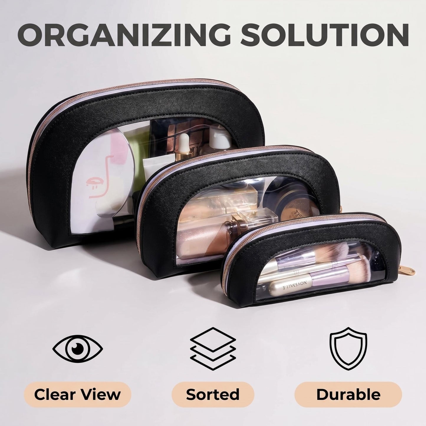 BS-MALL Makeup Bag Set Clear Travel Toiletry Organizer Pouches - Waterproof Cosmetic Bags with Zippers for Women, Toiletry Travel Kit for Vacation & Daily Use Pack of 3