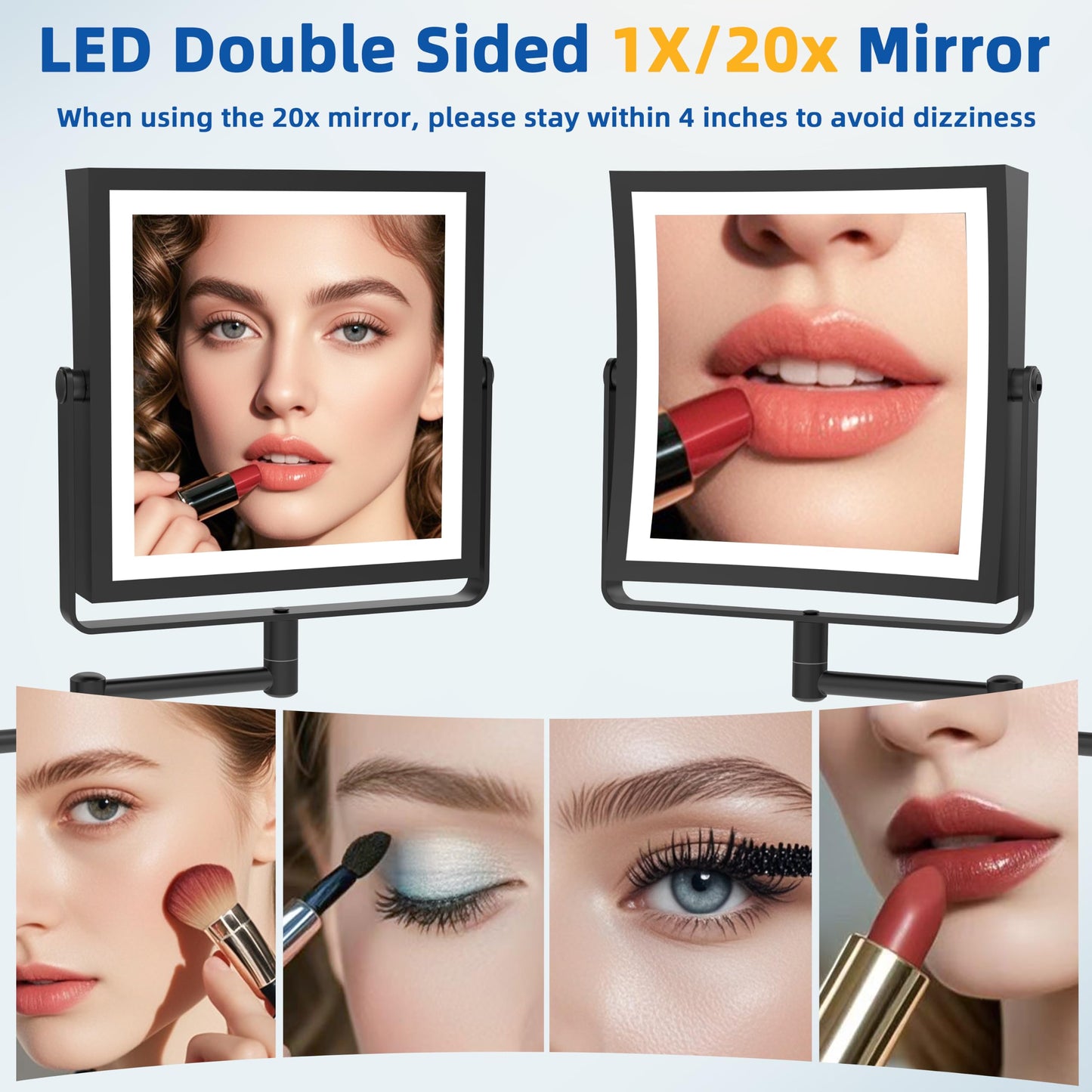 Ruacq Rechargeable Wall Mounted Makeup Mirror with Lights, Double Sided 1X/20X Magnifying Vanity Mirror with 3 Color Lighting, Touch Screen Dimmable, 360° Rotation Extension Foldable Arm(Matte Black)