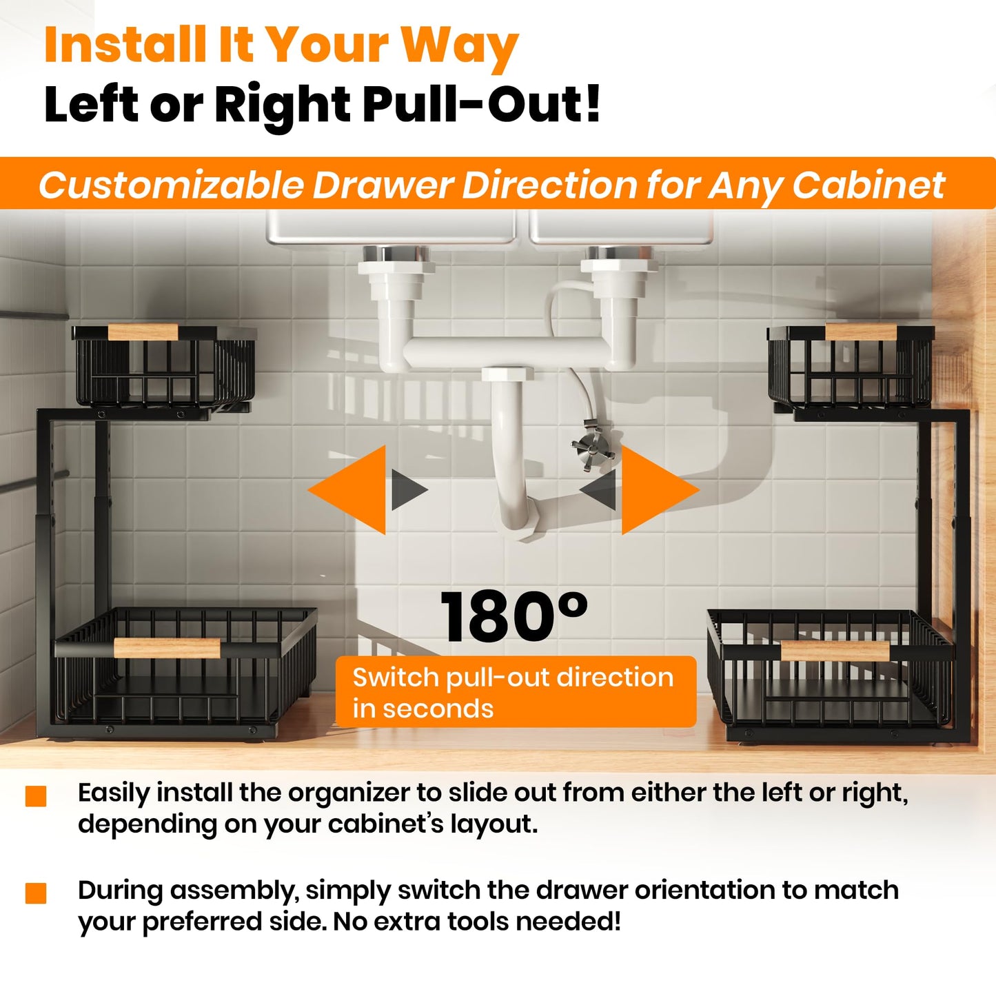 HOMVIA Under Sink Organizer, 2-Tier Pull-Out Cabinet Organizer – Adjustable Height, Left or Right Install – Smooth Slide-Out Drawers, Heavy-Duty Metal Rack for Kitchen & Bathroom, 1 Pack