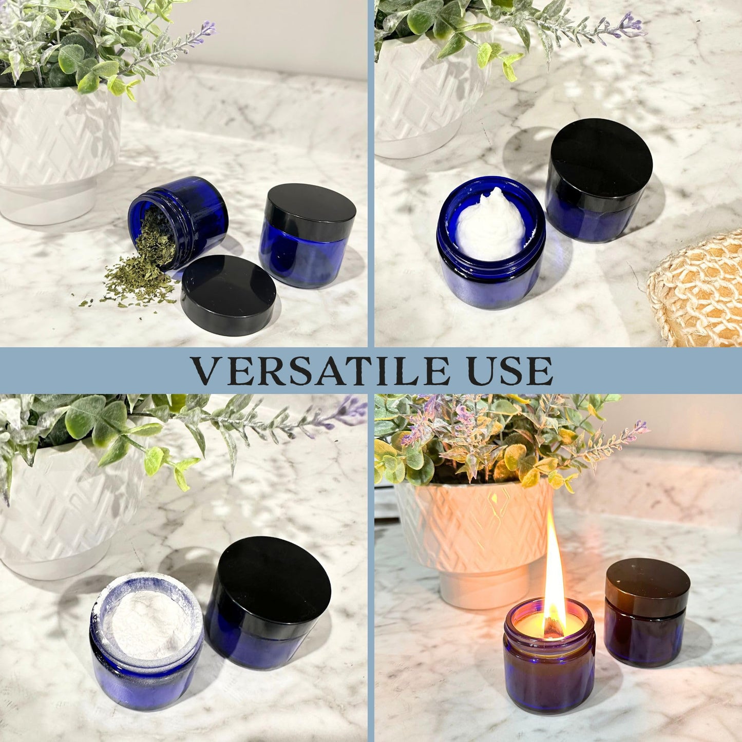 Cornucopia Brands 2oz Cobalt Blue Glass Cosmetic Jars (Pack of 12) Straight Sided Jars w/Black Plastic Lined Lids for Balms, Cosmetics, Creams & More