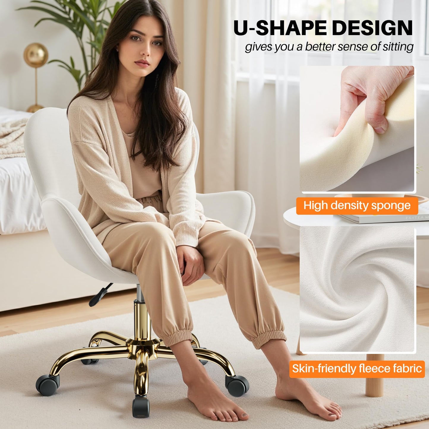 BestEra Vanity Chair with Wheels, Cute Home Office Desk Chairs Adjustable Height for Living Bedroom, Small Modern Fluffy Velvet Makeup Chair with Back for Girls (White)