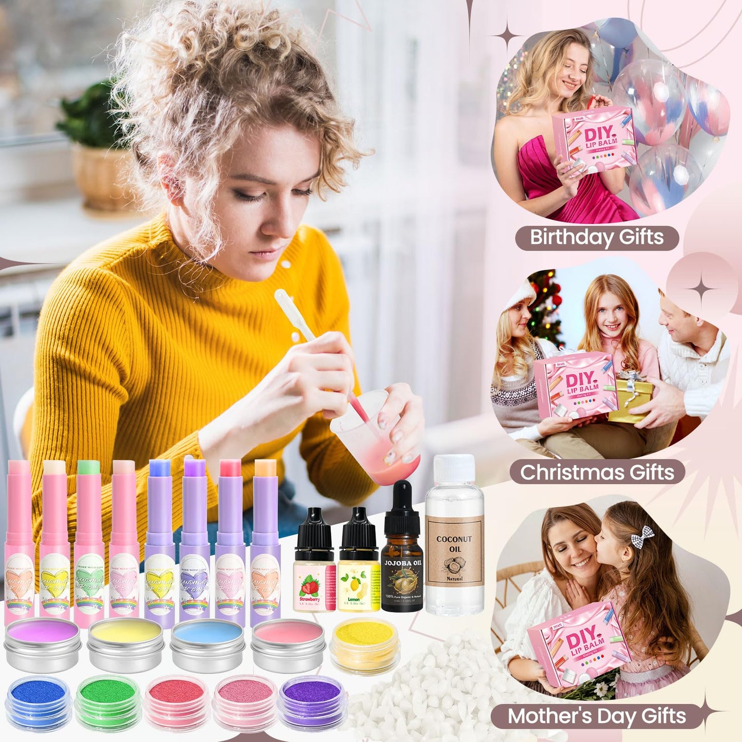 TSVATE Lip Balm Making Kit- Make Your Own Lip Balm for Adults with Shea Butter, Beeswax, Coconut Oil, Moisturizing DIY Lip Gloss Kit, Lip Care Set Christmas Gift for Girls & Women
