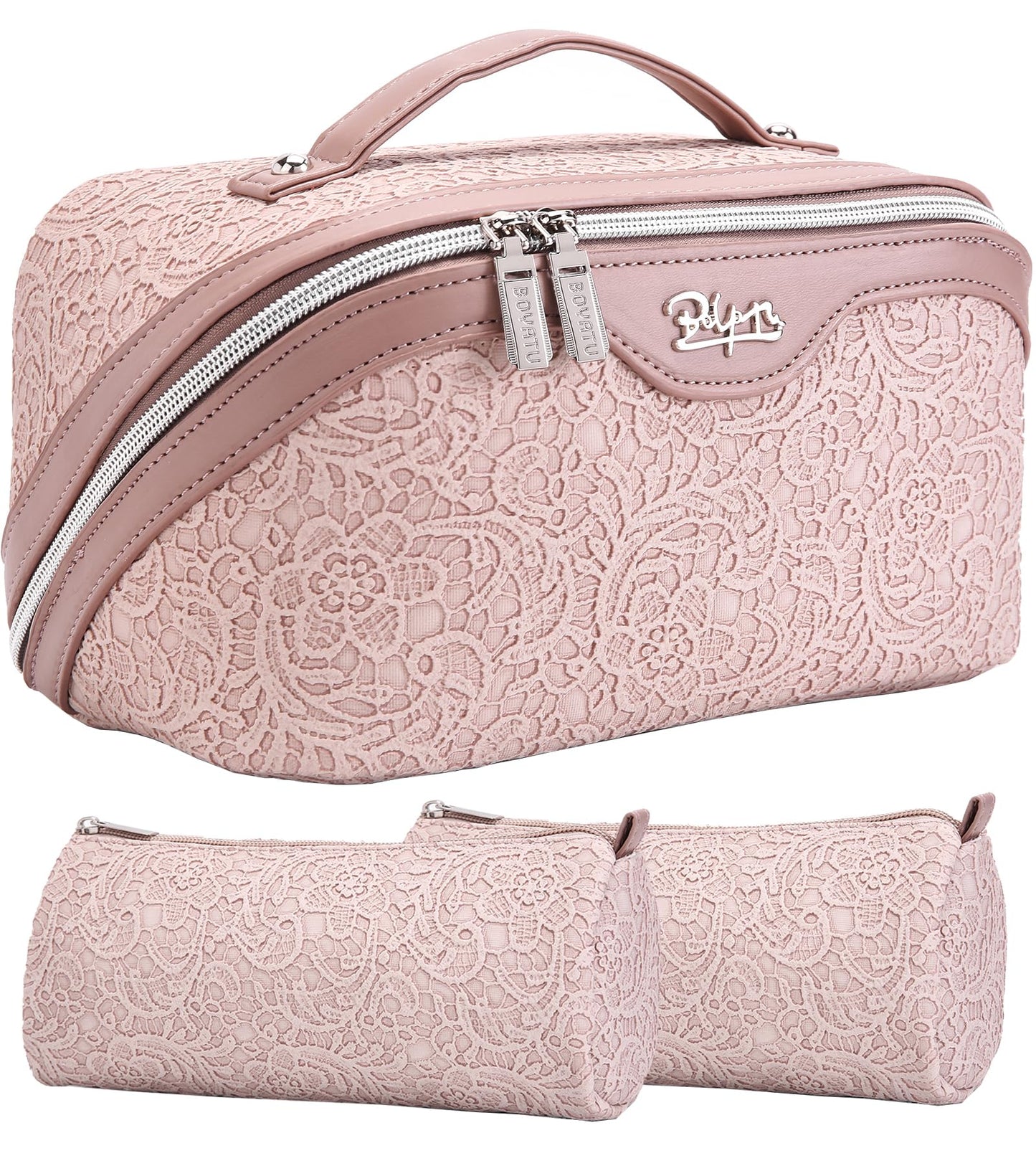 BOYATU Travel Makeup Bags Cosmetic Organizer Bag: 3-Set Large Capacity Make up Bag - PU Leather Toiletry Bags for Women - Wide Open Portable Pouch with Divider & Handle (A-Light Pink)