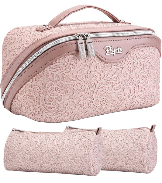 BOYATU Travel Makeup Bags Cosmetic Organizer Bag: 3-Set Large Capacity Make up Bag - PU Leather Toiletry Bags for Women - Wide Open Portable Pouch with Divider & Handle (A-Light Pink)