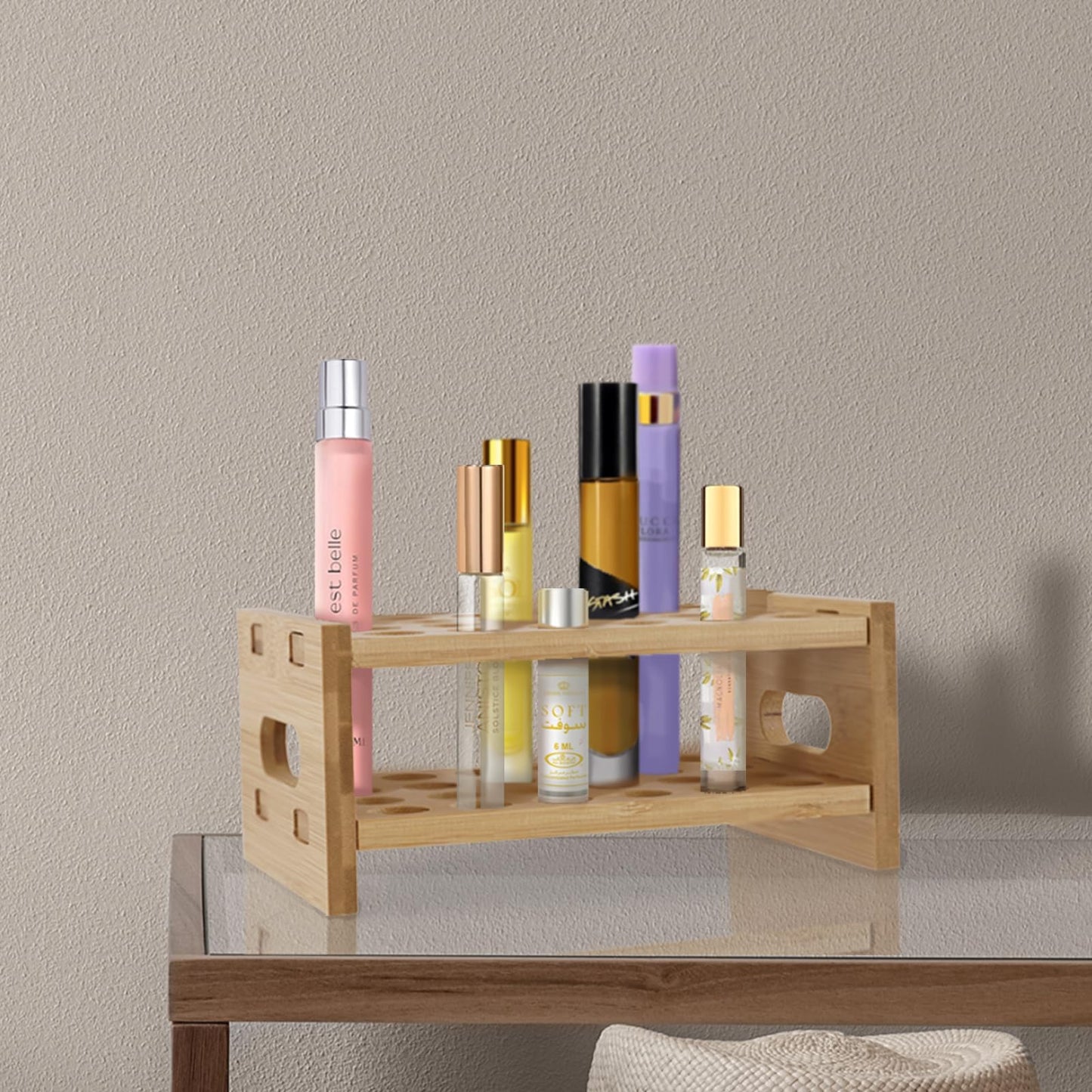 OSZKO Bamboo Perfume Holder Compatible with Scentbird, Ultra-Sturdy Design Roller Ball Perfume Organizer Display Stand, Tool-Free Setup, 24 Slots for Perfume Oils, Lip Gloss, Lipstick, Essential Oil