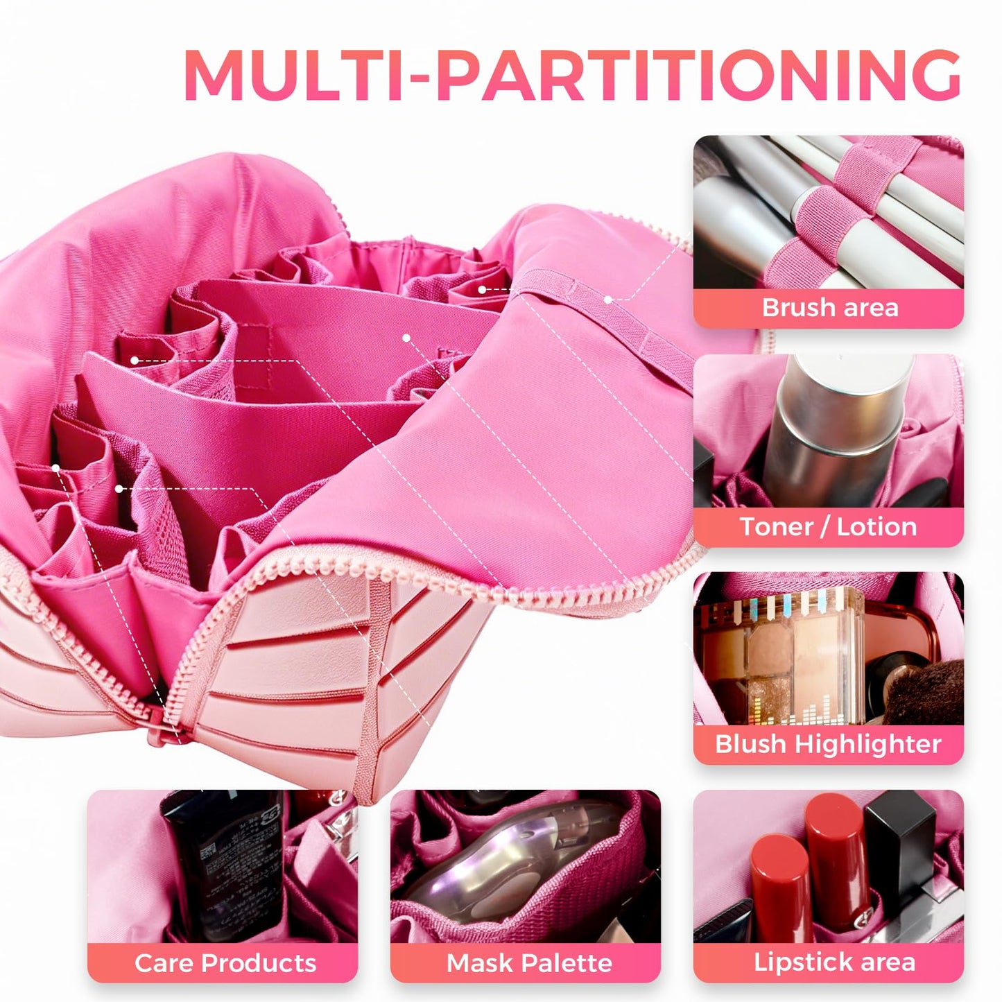 Travel Makeup Organizer Bag with Fold-Down Design and Adjustable Dividers, 27 Pockets & 3 Brush Storage Holders, Large Capacity Cosmetic Bags Toiletry Case - Pink