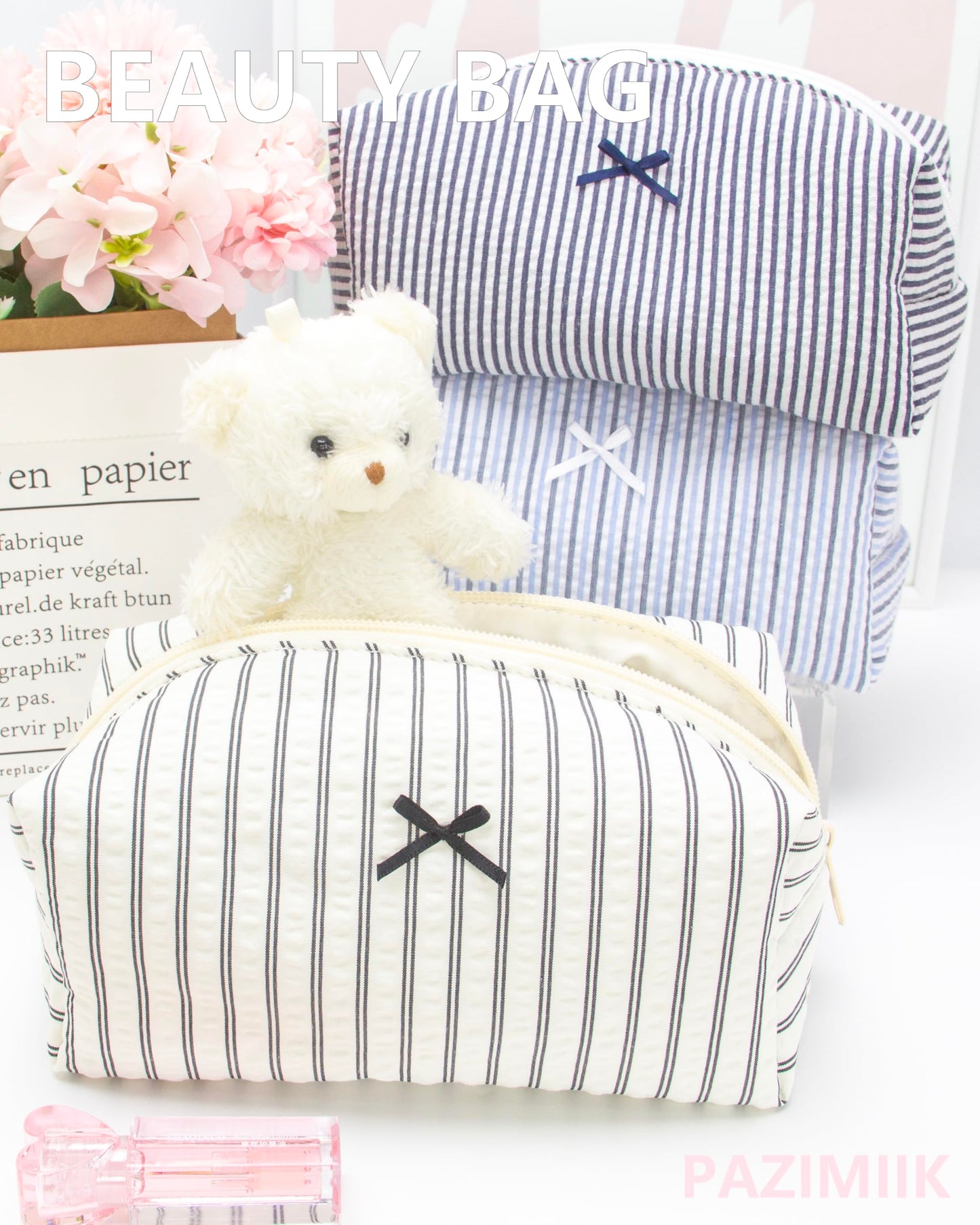 PAZIMIIK 6PCS Cozy Makeup Bag Small Aesthetic Travel Zipper Cosmetic Pouch for Women Make Up Beauty Accessories Brushes, Stripe Black