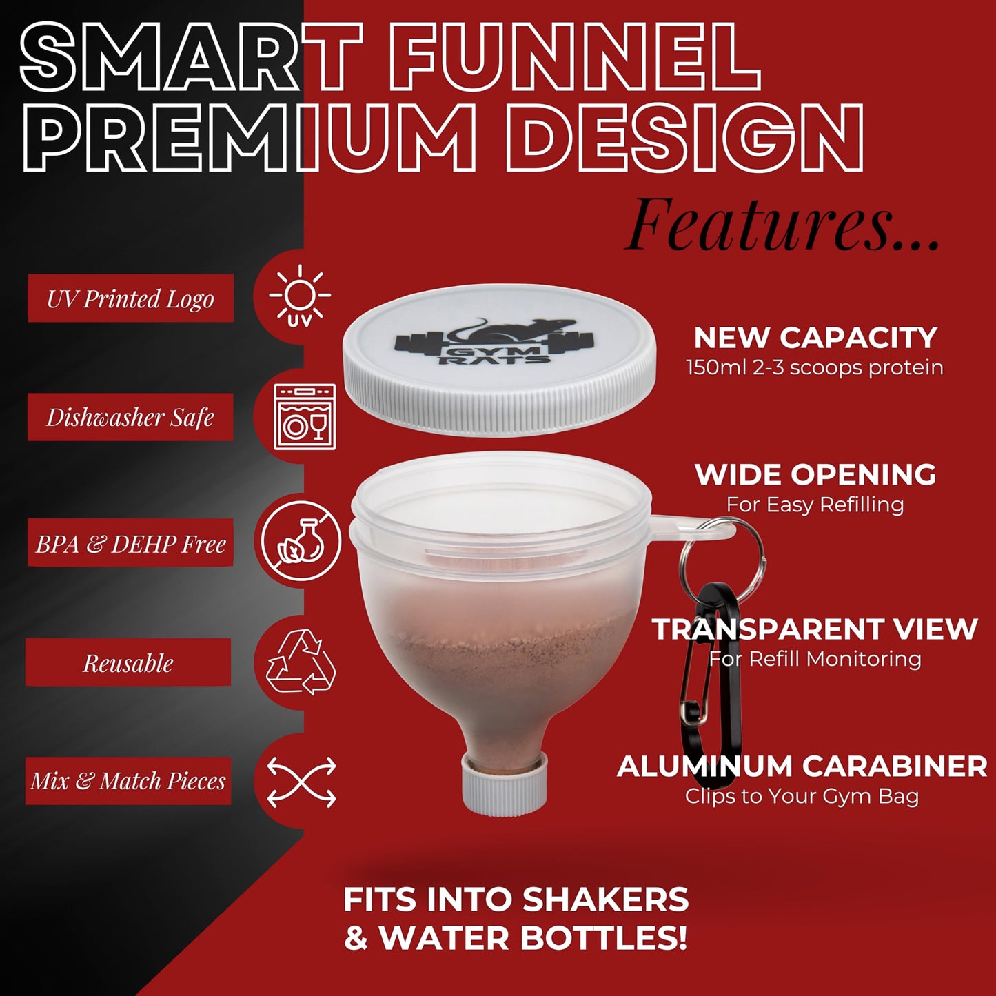 Protein Powder Funnel to Go with Carabiners & Reinforced Caps - 4 Pack (Water Bottle Approve)