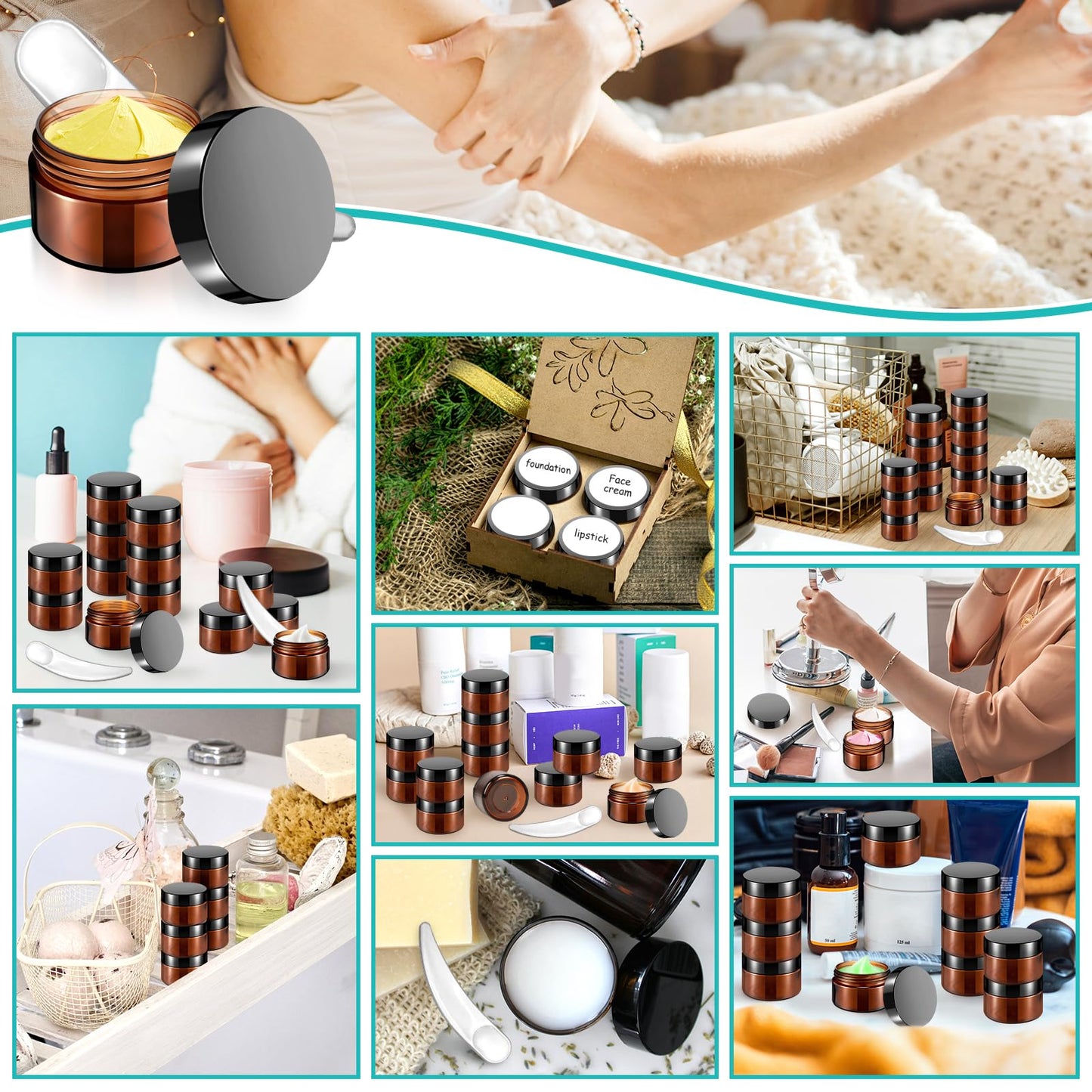 MotBach 40 PCS 15g Amber Plastic Containers with Black Lids, Small Makeup Containers, 0.5oz Round Travel Cosmetic Jars with Spatulas for Liquid, Powder, Cream, Lotion