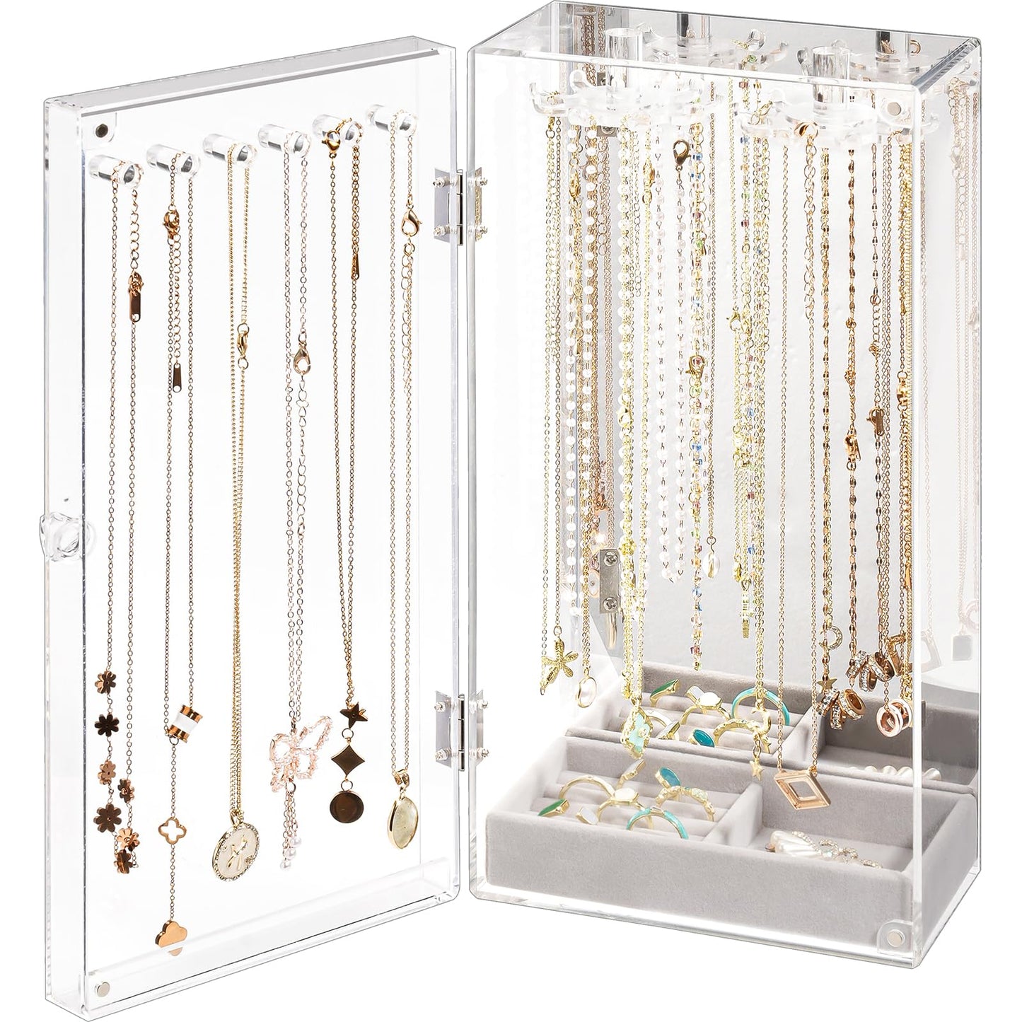 Lolalet Necklace Holder Organizer, Acrylic Jewelry Organizer with 24 Hooks, Rotating Clear Necklaces Display Box with Built-in Mirror, Dust-proof Jewelry Storage Case with Velvet Tray -Clearmirror