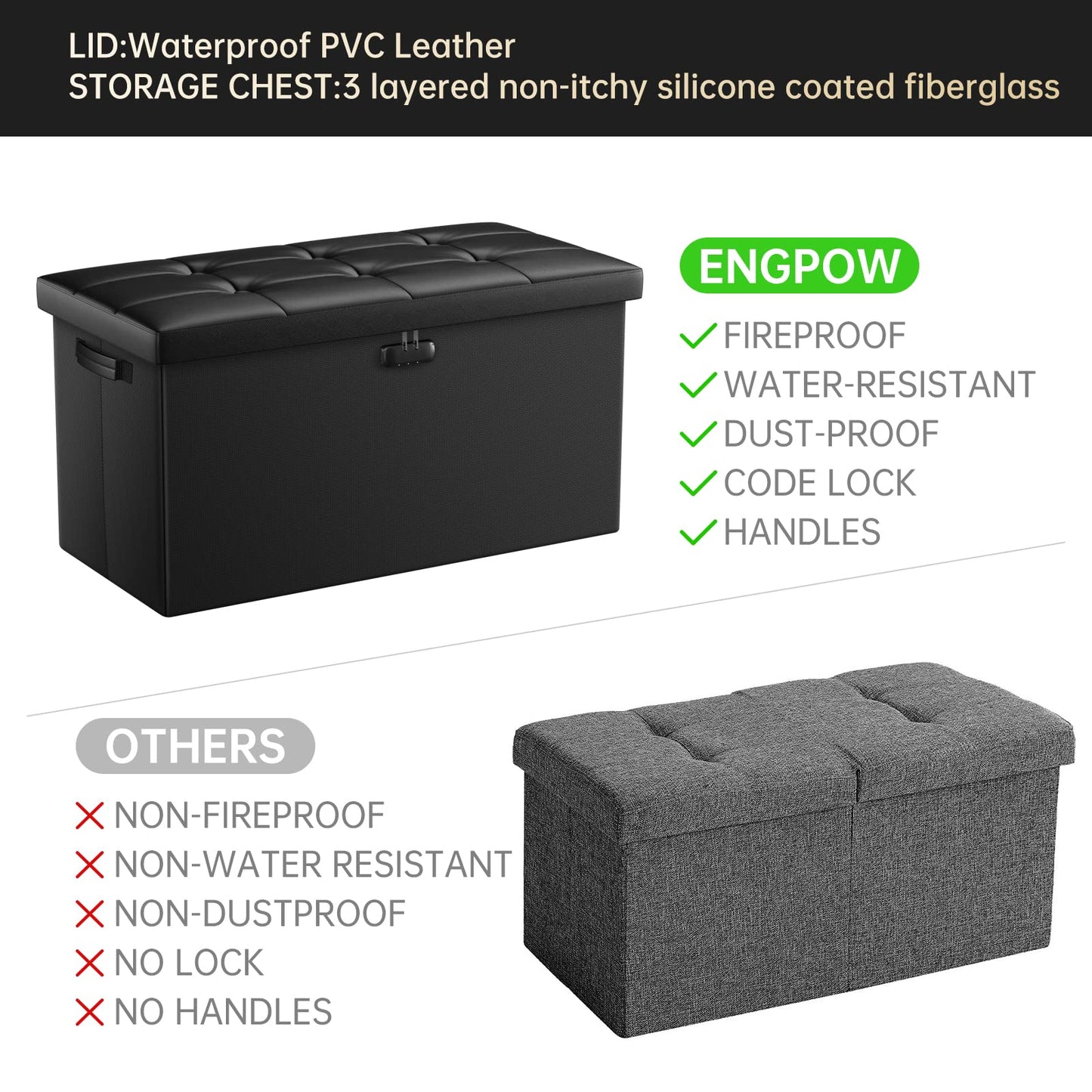 ENGPOW Storage Ottoman Bench,Fireproof Folding Bench with Lock,30 Inches Fire＆Water Resistant Storage Chest Foot Rest Stool Leather Bedroom Bench with Storage Safe for Document,Valuables,Black