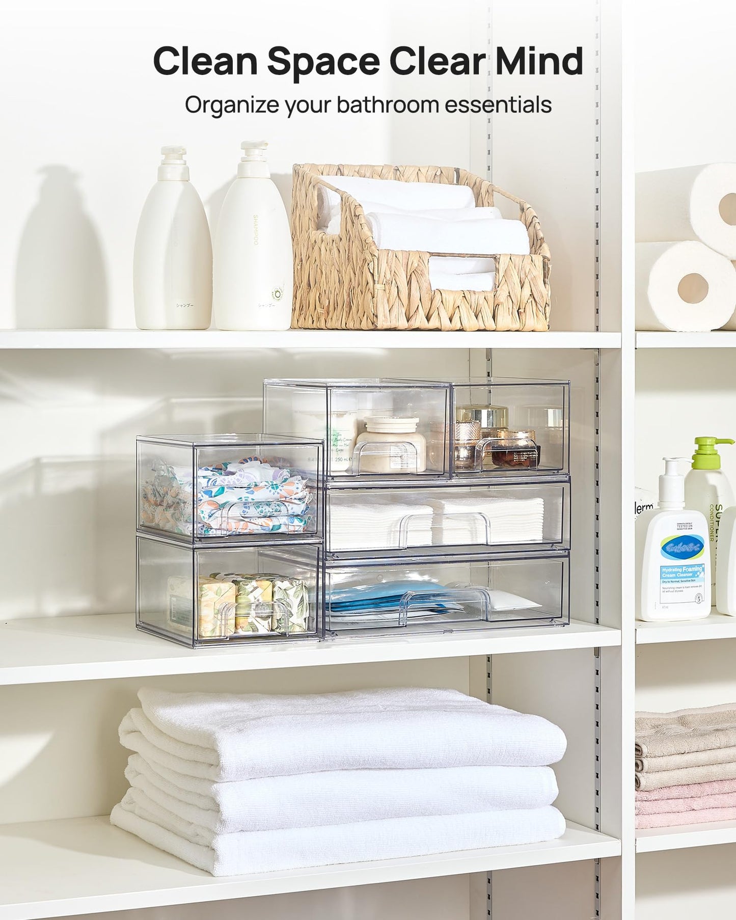Vtopmart Stackable Storage Drawers Set of 6, Clear Plastic Organizer Bins for Bathroom Supplies, Ideal for Cabinet,Shelf, Pantry, Laundry Room Organization