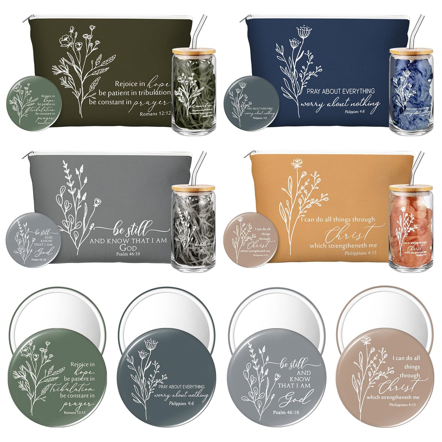 Fumete 4 Set Christian Gift for Women Bulk Religious Makeup Bag Bible Verse Glass Cup Mini Christian Compact Mirror Gifts for Church Members Women Basket Stuffers (Neutral Colors)