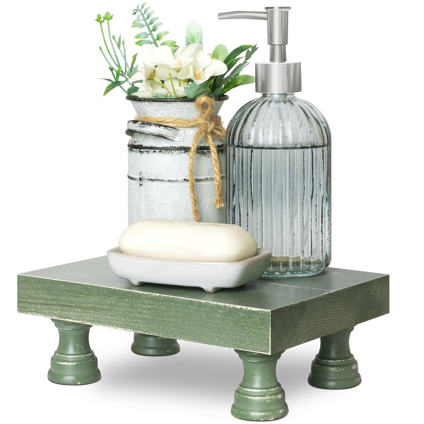 EOSAHR Pine Wood Riser Display Stand for Coffee Table – Stylish Pedestal Stand to Showcase Your Bathroom Accessories – Farmhouse Home Decor for Displaying Plant, Cupcakes and Soap Dish (Green)