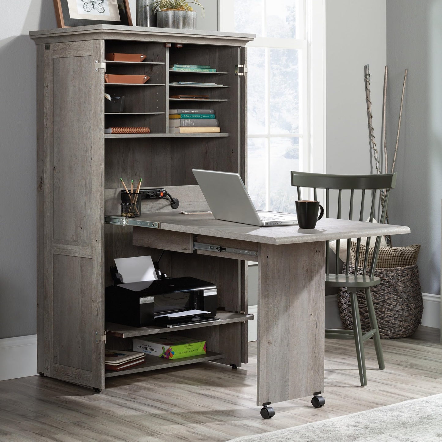 Sauder Miscellaneous Storage Craft & Sewing Armoire, L: 35.112" x W: 21.81" x H: 61.58", Mystic Oak
