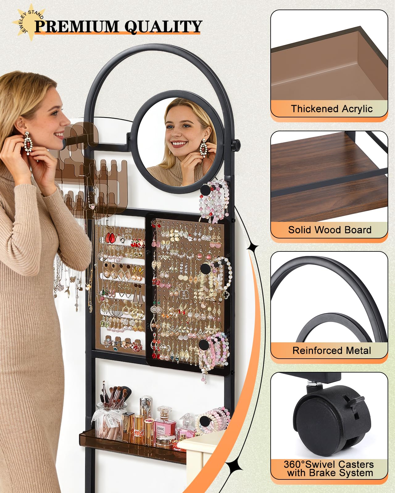 Mirror Jewelry Cabinet Standing, Jewelry Organizer and Storage with Jewelry Mirror, Jewelry Armoire with Earring Organizer Necklace Holder Bracelet Display, Large Tall Stand Up Jewelry Box Stand Tree