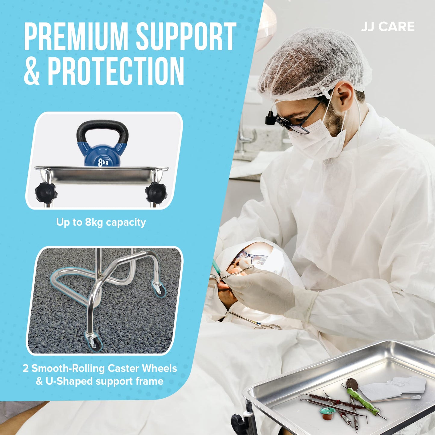 Mayo Stand [17Lbs Weight Capacity] - Stainless Steel Tray, Adjustable Height Medical Mayo Stand with 2 Nylon Caster Wheels, Surgical Equipment and Tattoo Cart