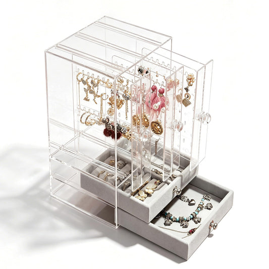 DOZZZ Acrylic Jewelry Organizer Box with 5 Drawers for Women, Clear Earring Holder Storage Display Stand Rack for Rings Necklace Bracelet