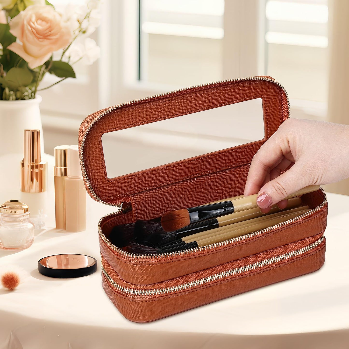 Pinkmik Double Layer Makeup Bag, Brown, Double SLIM