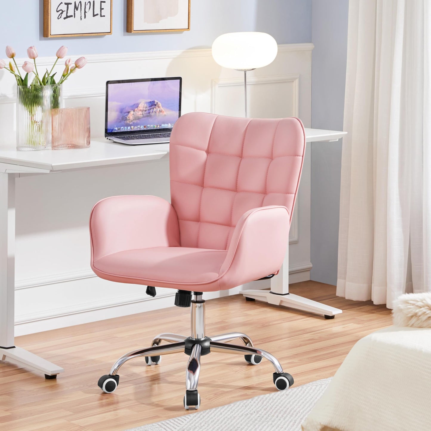 Yaheetech Modern Faux Leather Office Chair Ergonomic Adjustable Vanity Makeup Chair with Padded Armrests Big Seat for Office, Study, Home, Pink