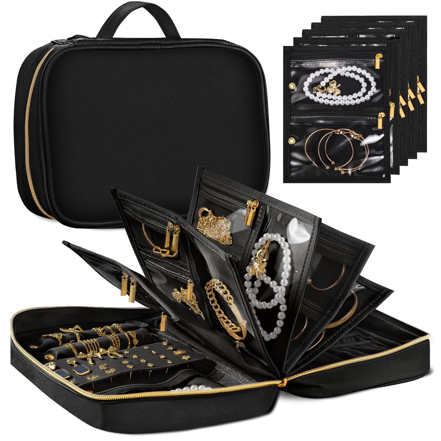 KPWEPK Travel Jewelry Organizer Case for Women, Jewelry Travel Case with 5 Zipper Pouches, Jewelry Organizer for Necklaces Earrings Rings Bracelets, Travel Jewelry Storage Bag (Black)