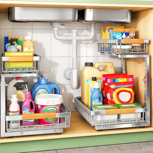 Kitstorack Under Sink Organizer, 2 Tier Under the Sink Storage, Slide out Pull out Cabinet Organizer Shelf, Metal Sliding Drawer for Kitchen Bathroom Pantry Closet Organization Rack, Silver, 1 Pack