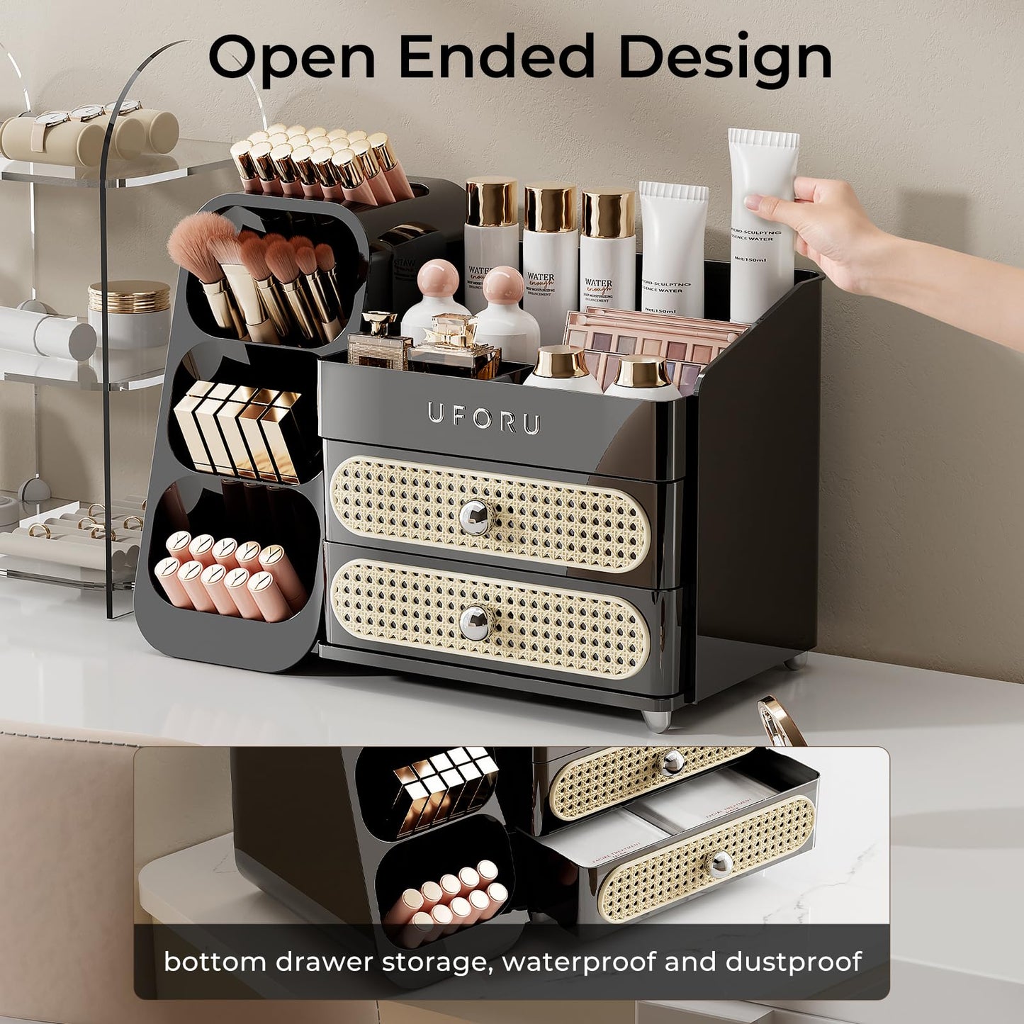 UFORU Makeup Organizer for Vanity with Brush Holder, Large Capacity Bathroom Countertop Skincare Organizer with 2 Drawers, Cosmetic Display Case for Perfumes, Eyeshadow Palettes, Nail Polishes