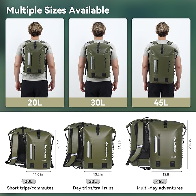 MARCHWAY Roll Top Waterproof Backpack, Floating Dry Bag 20L/30L/45L with Ergonomic Rectangular Base, Cushioned Back, Hip Strap for Hiking Camping Kayaking Travel (Army Green, 30L)
