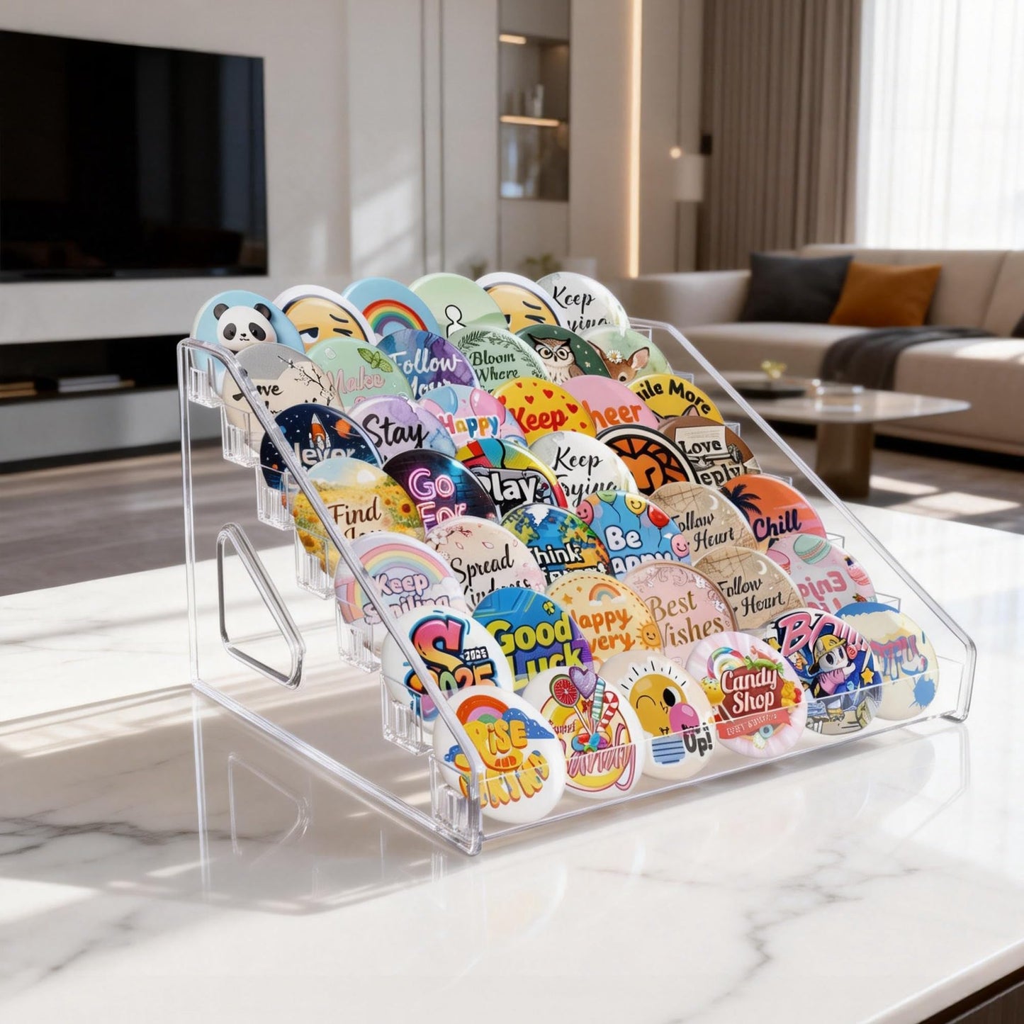 2 Pack Button Pins Display Case, 7-Tier Acrylic Badge Storage Large Capacity Button Pins Organizer Stand for Nail Polish, Greeting Card, Sunglasses