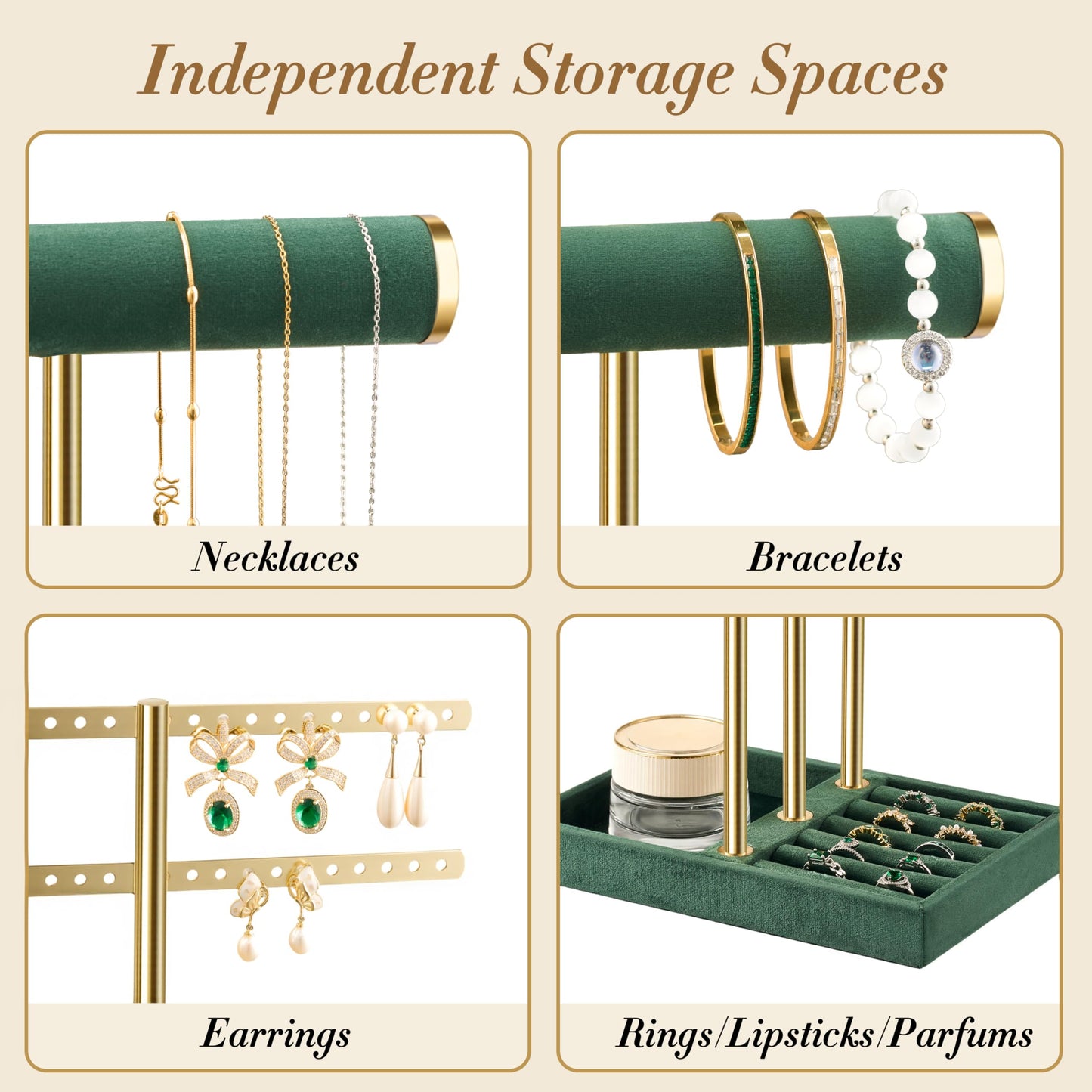 bussdis 3 Tier Bracelet Holder Display - Detachable T Bar Dark Green Velvet Bracelet Holder, Jewelry Holder Organizer for Bracelet, Necklace, Earrings, Rings