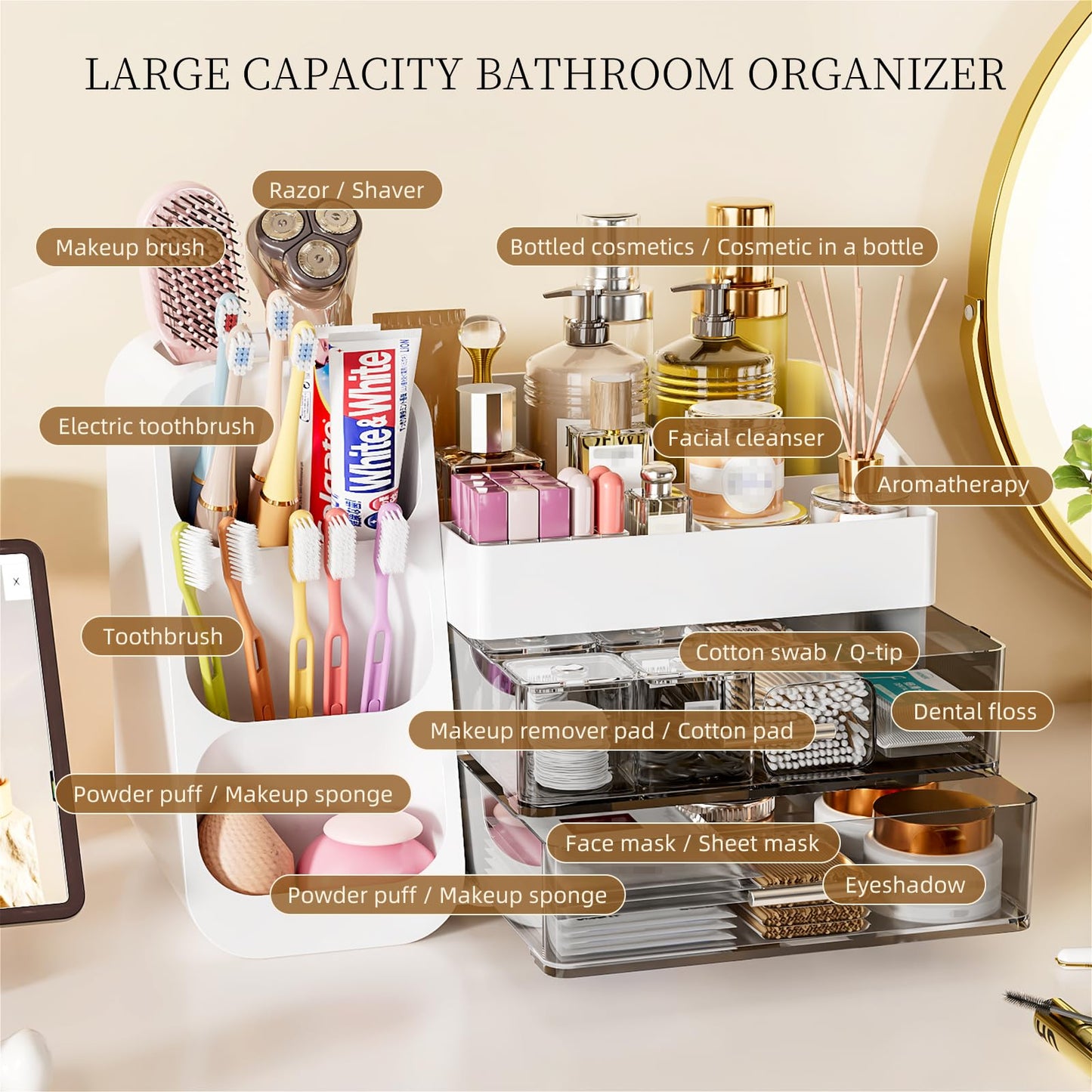 Makeup Organizer with Drawers for Vanity Bathroom Counter Organizers and Storage, Large Skincare Organizer with Brush Toothbrush Holder for Perfume, Nail Polish, Dresser, Office Supplies, White